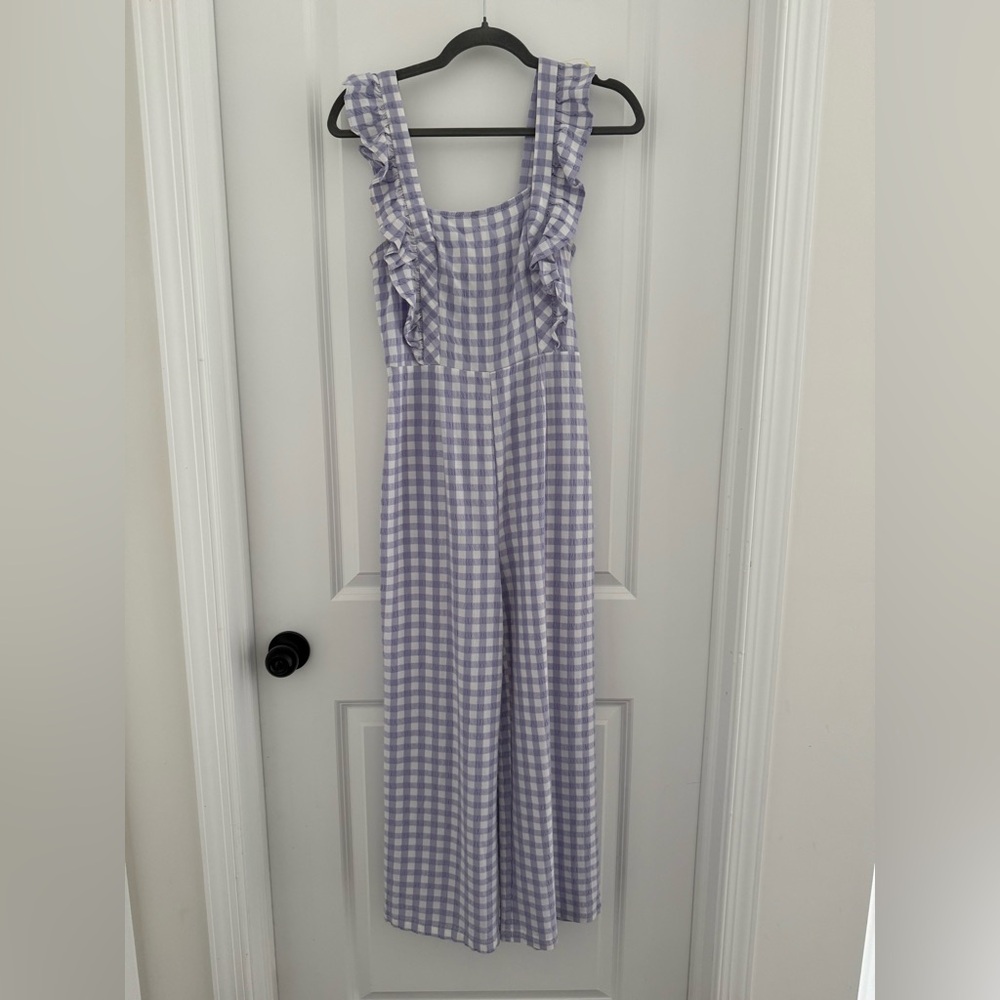 Urban Outfitters' Lavender Gingham Square Neck Ruffle Sleeve Jumpsuit Size Smal